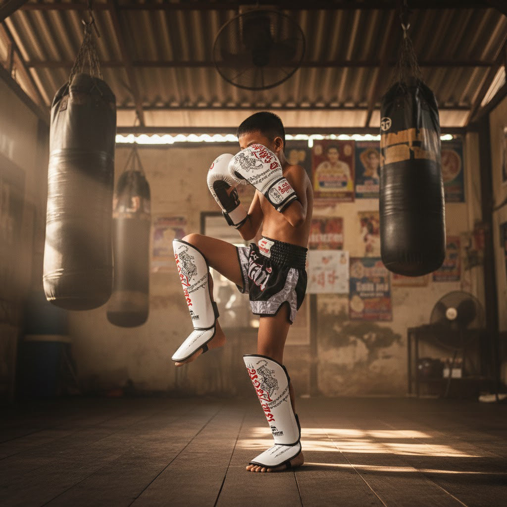 Topfighter Scheenbescherming "Thai Art" • Wit/Rood